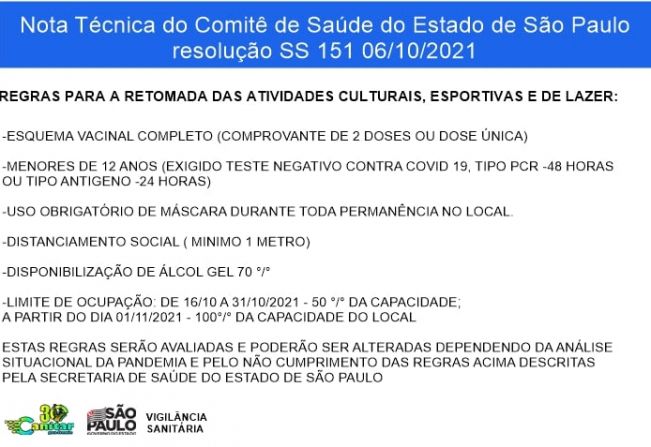Regras para a retomada das atividades Culturais, Esportivas e Lazeer